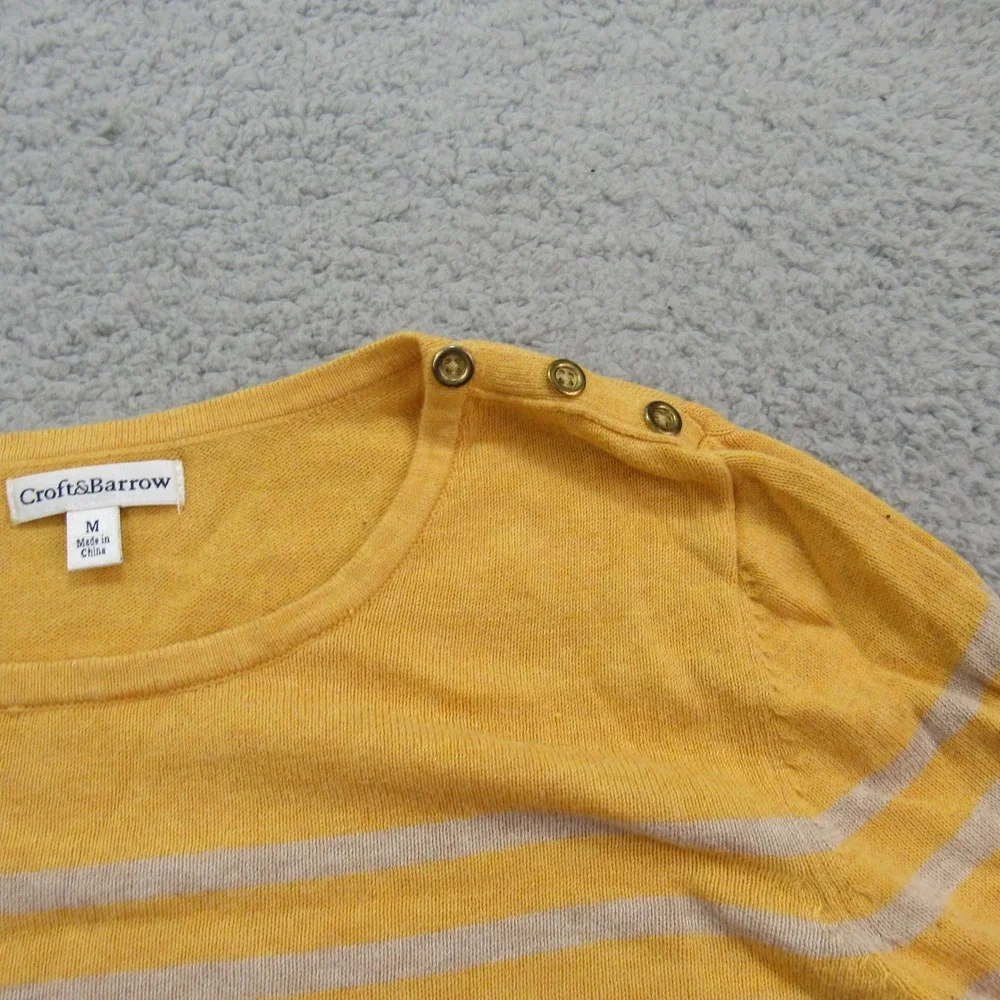 Croft & Barrow Women's Yellow‎ Striped Cotton Knit Top Button Detail Med
